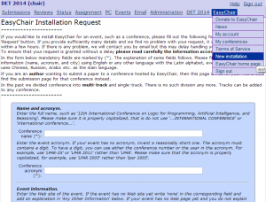 EasyChair New Installation Screen