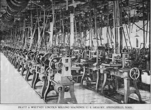 Long rows of milling machines in the Federal Armoury at Springfield in  1904