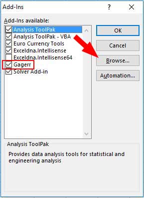 Click browse in the add-ins dialogue, select the file you just unzipped and ensure it’s checked in the list