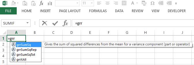 Tooltip help guides you to input your Gage R&R Study data into the Excel function