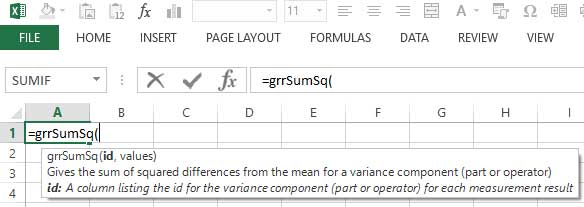 Tooltip help guides you to input your Gage R&R Study data into the Excel function