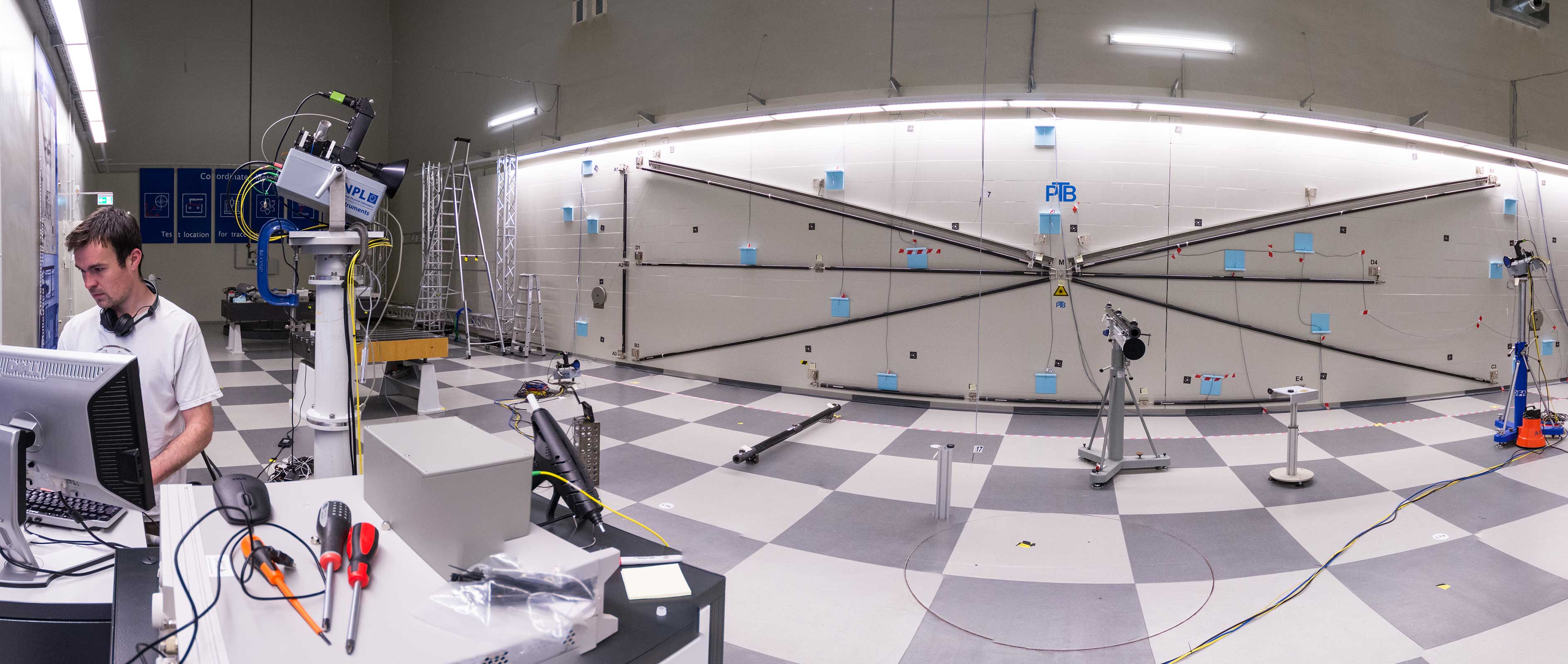Photo of the Frequency Scanning Interferometry (FSI) system for large volume metrology in the lab at NPL