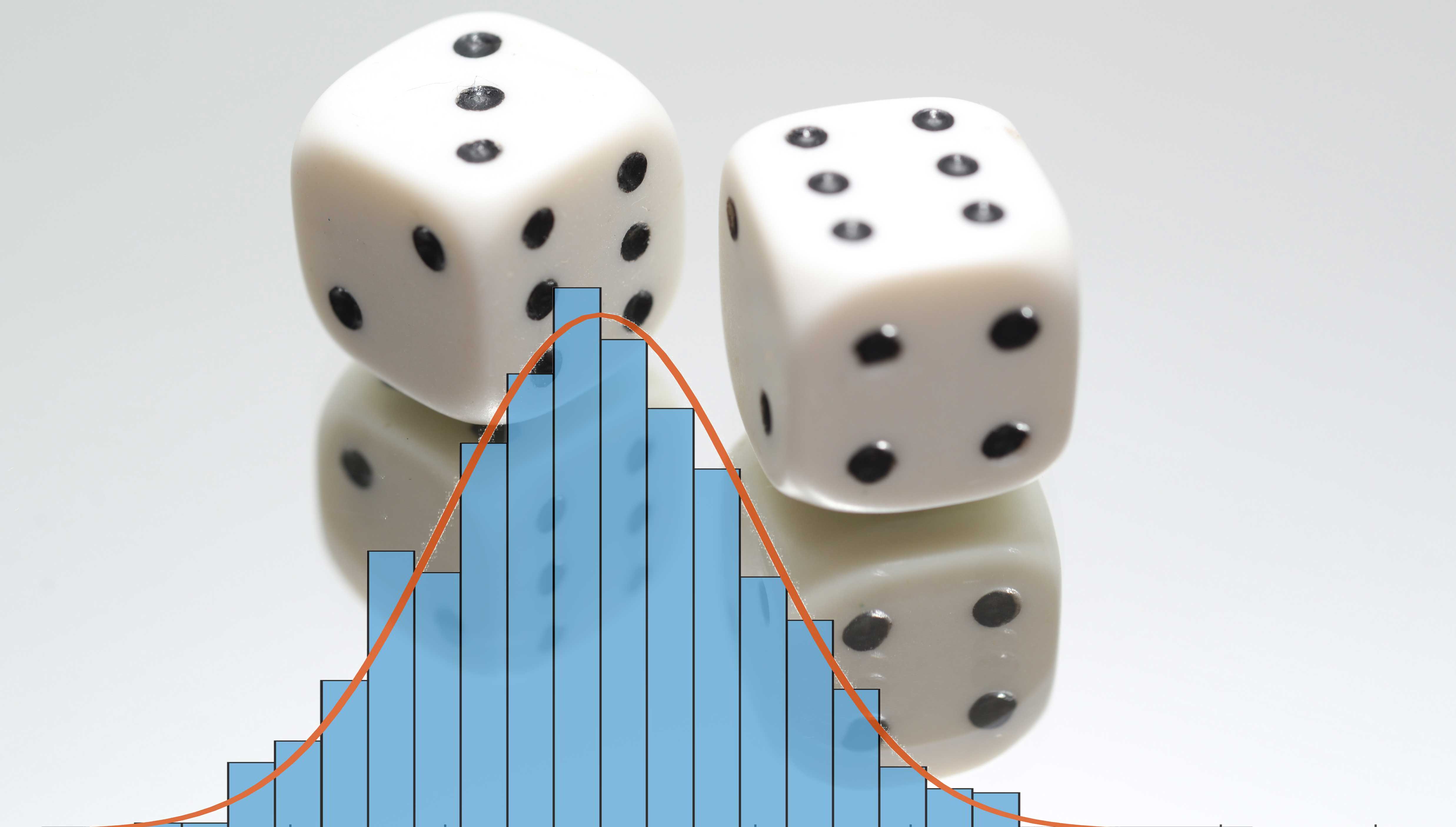 Two dice, representing random number generators, show with a normal distribution histogram
